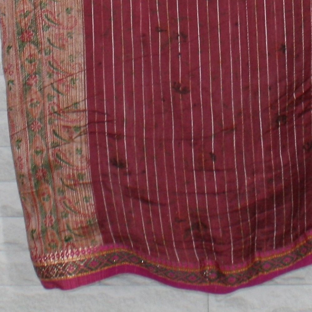 FABRIC #144 - Silk - Burgundy Stripe Print Print Sari Wrap Material 5 yds